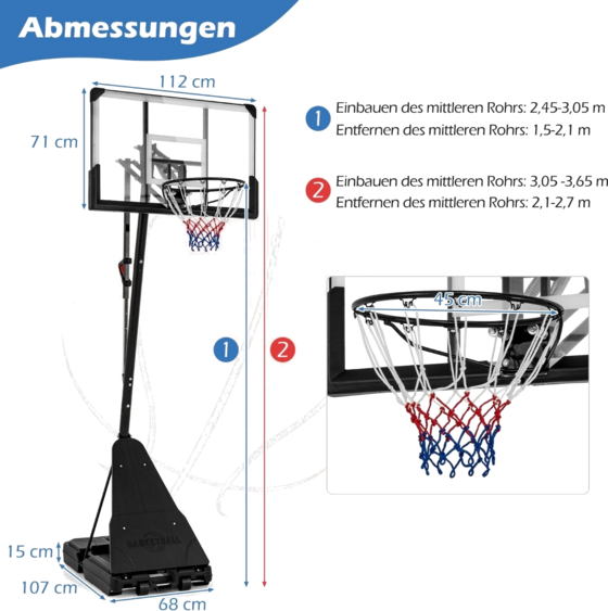NORTHIX Basketball Stand 150-305 Cm Height-adjustable Basketball Hoop Outdoor With Stand på